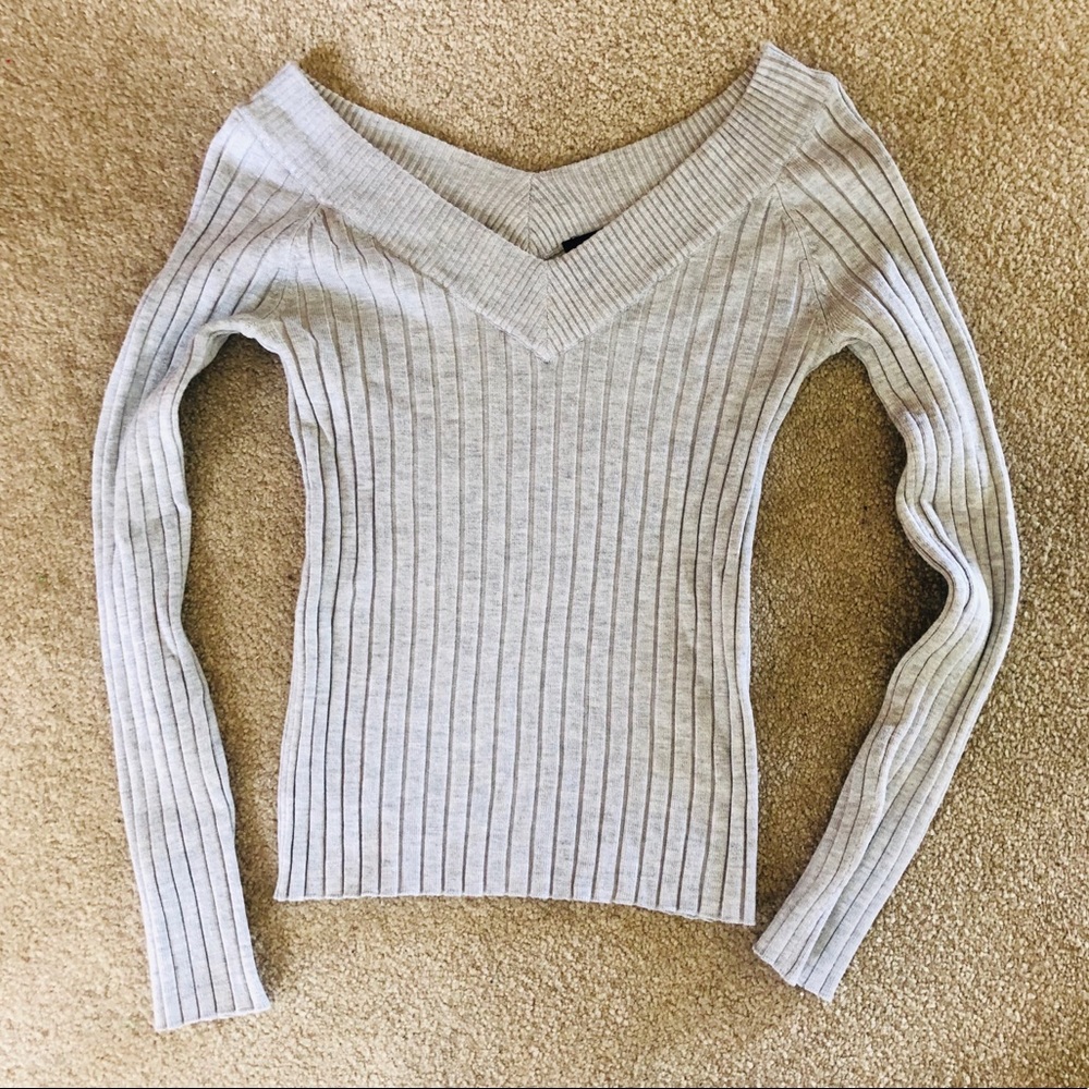 Off the shoulder grey gray color deep V sweater